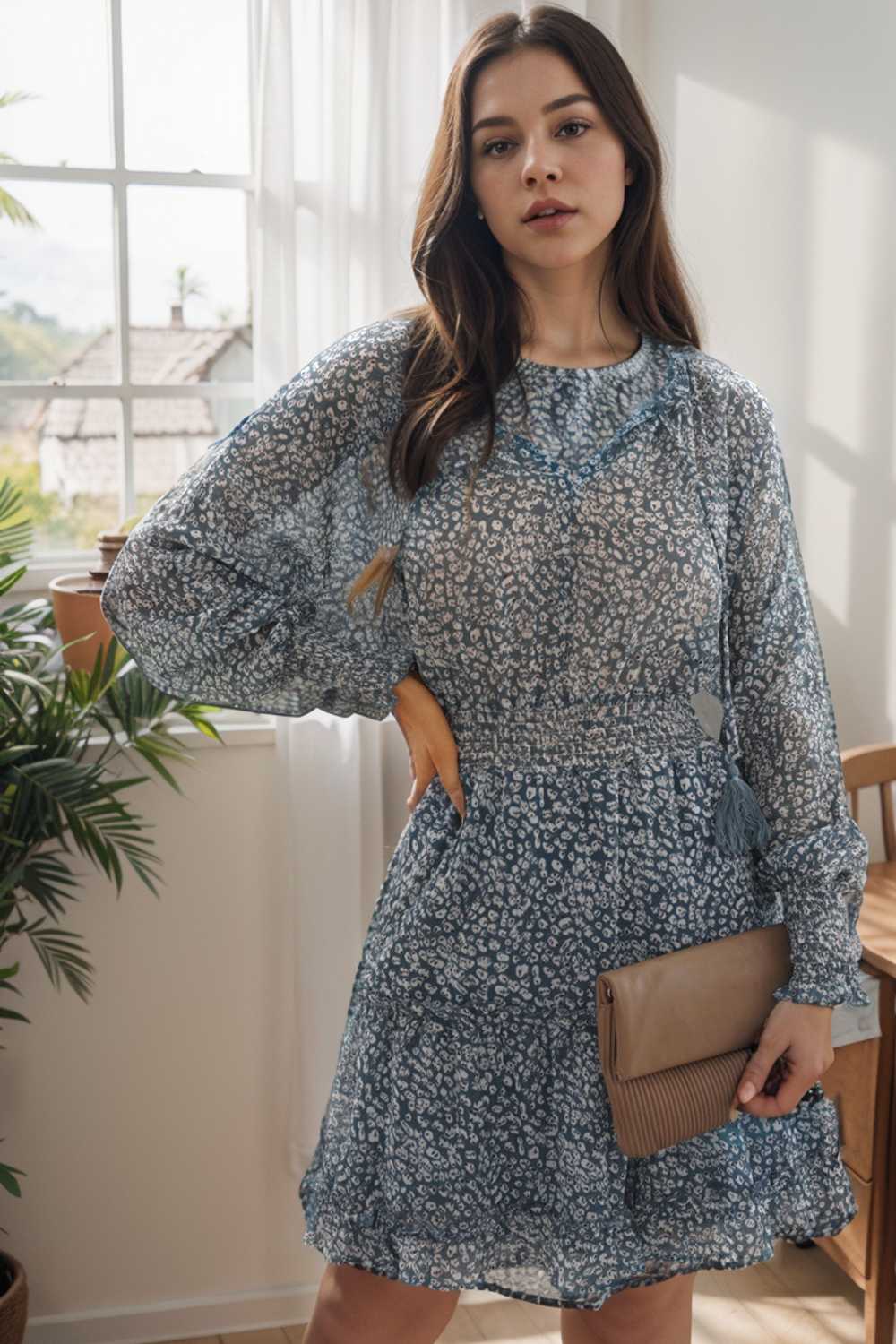 loose leopard print v neck dress drop shoulder a line closed cape paneled 109861
