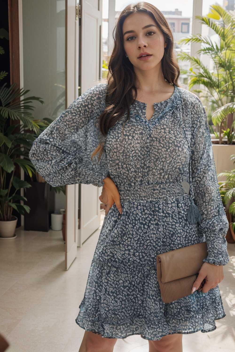 loose leopard print v neck dress drop shoulder a line closed cape paneled 109860