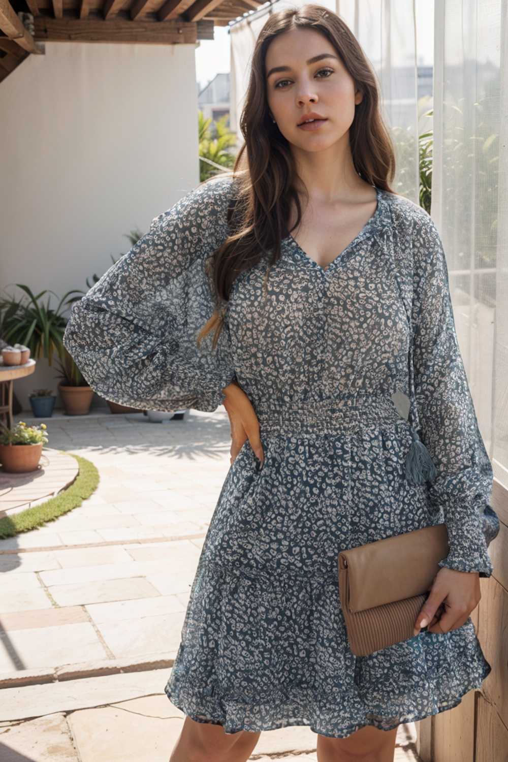 loose leopard print v neck dress drop shoulder a line closed cape paneled 109859