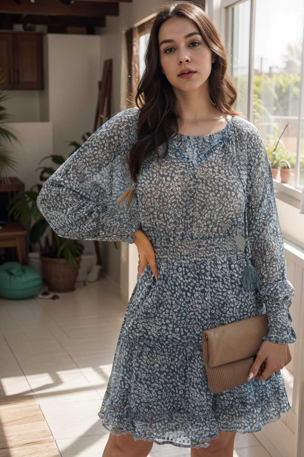loose leopard print v neck dress drop shoulder a line closed cape paneled 109858