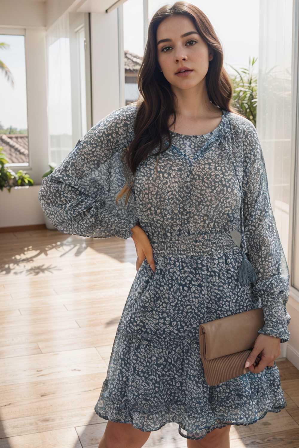 loose leopard print v neck dress drop shoulder a line closed cape paneled 109857