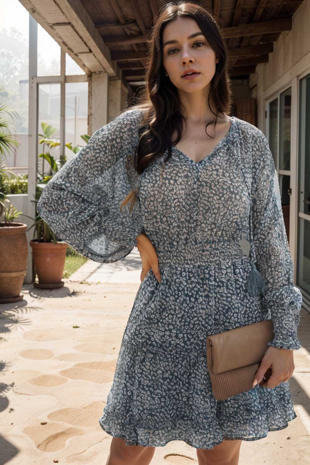 loose leopard print v neck dress drop shoulder a line closed cape paneled 109856