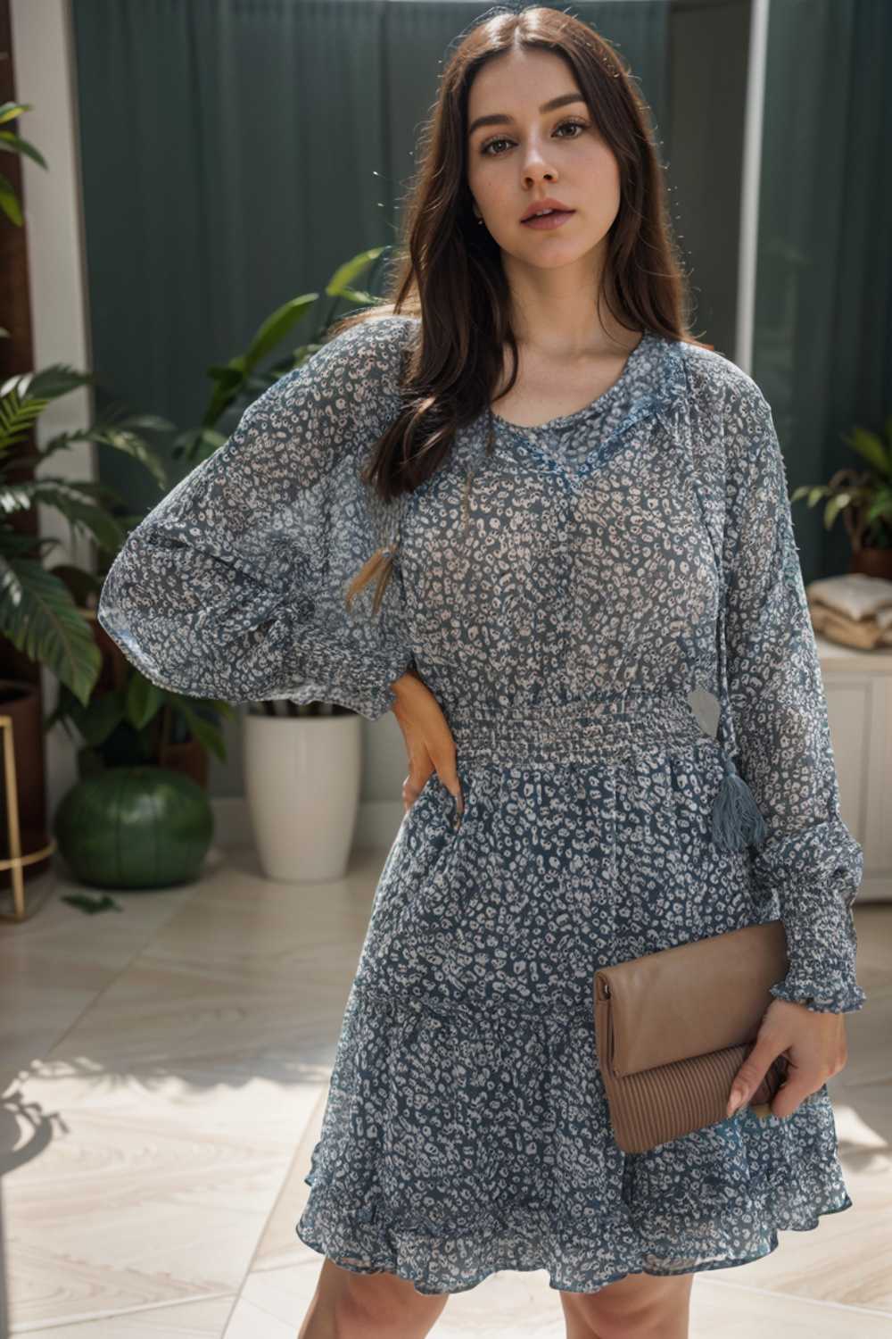 loose leopard print v neck dress drop shoulder a line closed cape paneled 109854