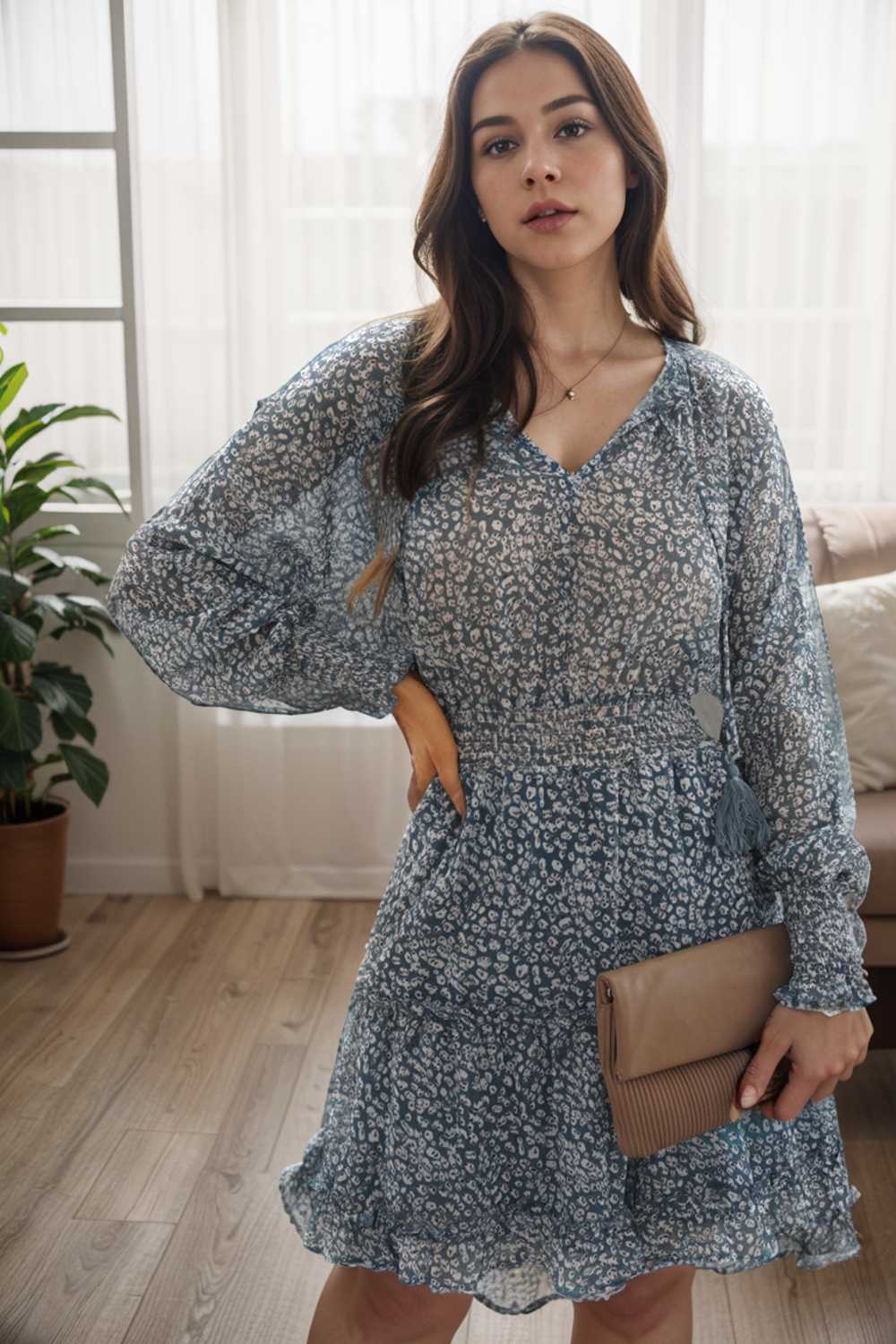 loose leopard print v neck dress drop shoulder a line closed cape paneled 109852