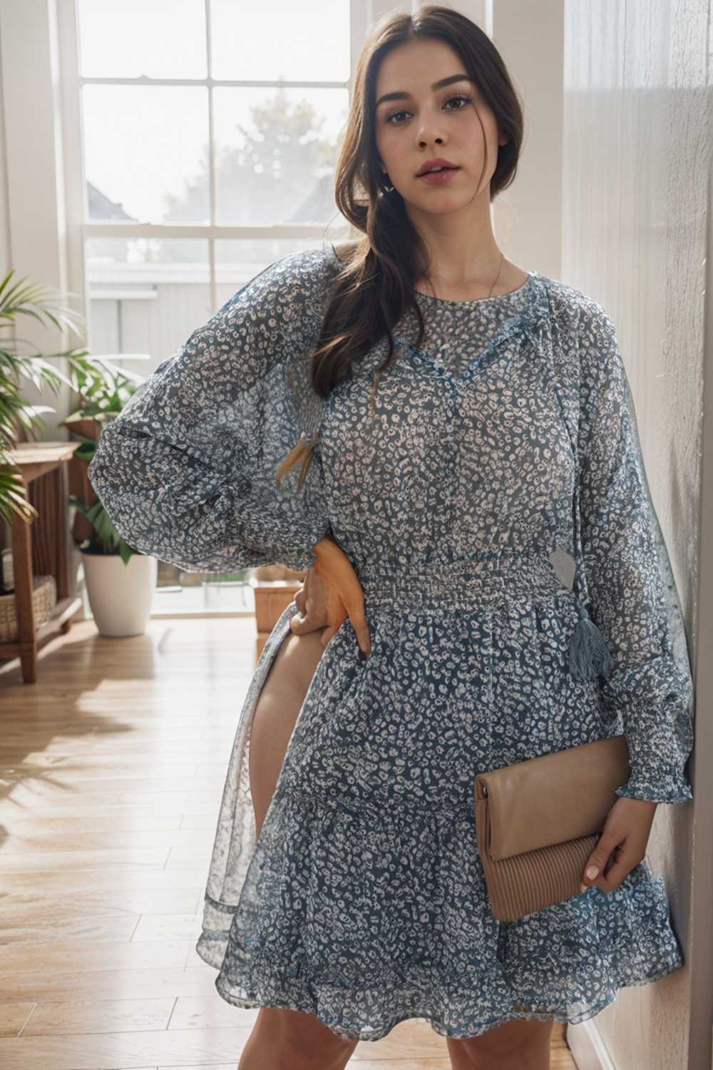 loose leopard print v neck dress drop shoulder a line closed cape paneled 109851