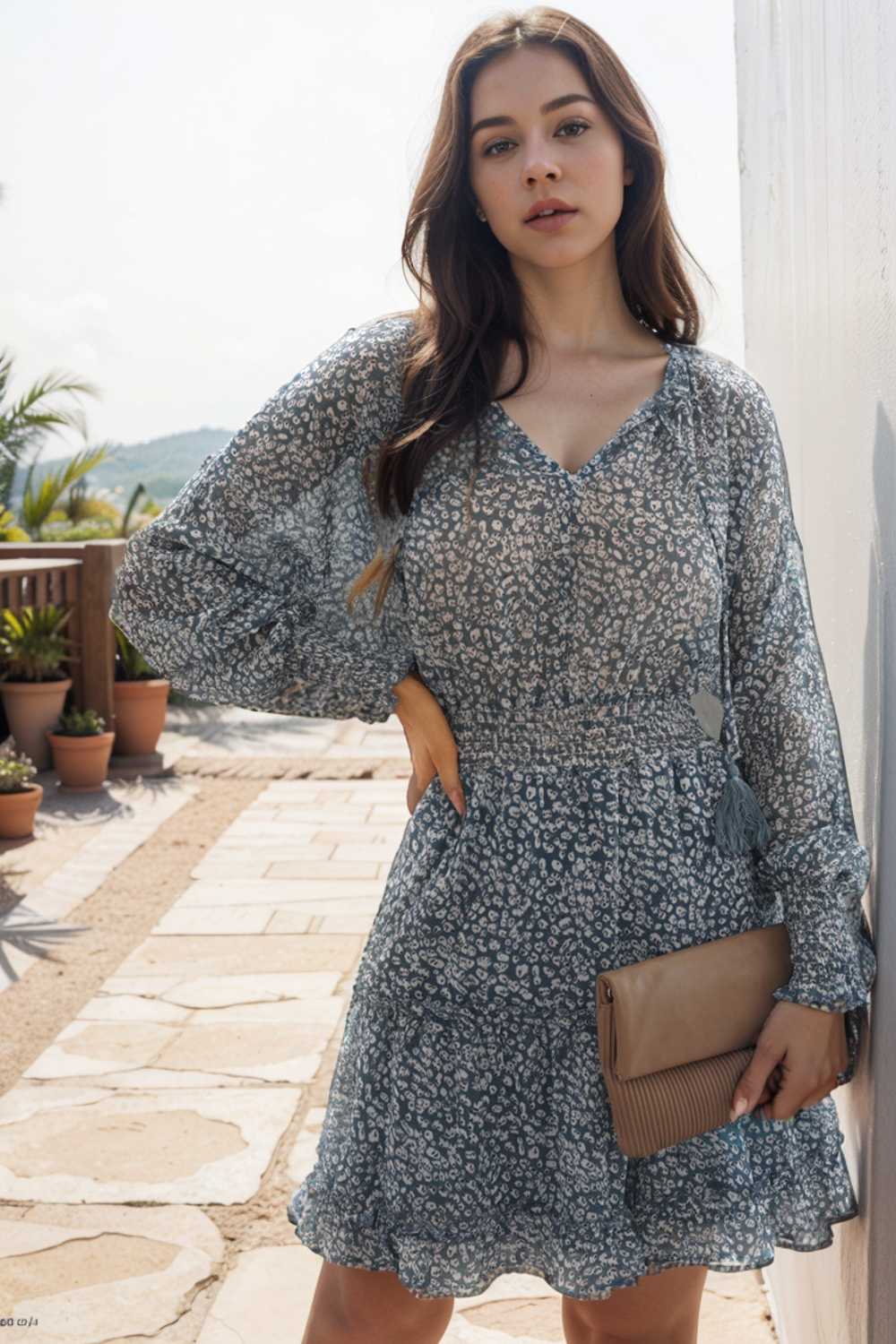loose leopard print v neck dress drop shoulder a line closed cape paneled 109849