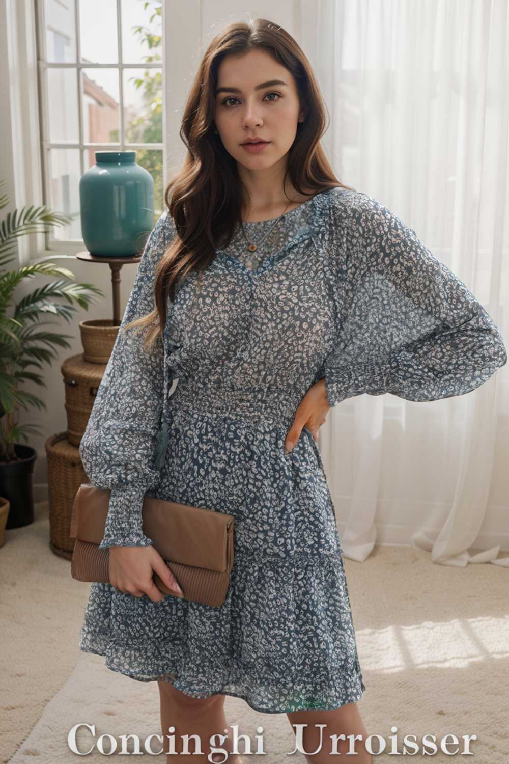 loose leopard print v neck dress drop shoulder a line closed cape paneled 126176