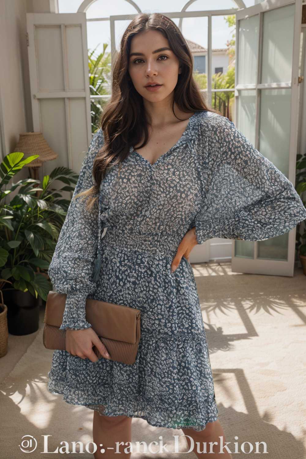 loose leopard print v neck dress drop shoulder a line closed cape paneled 110854