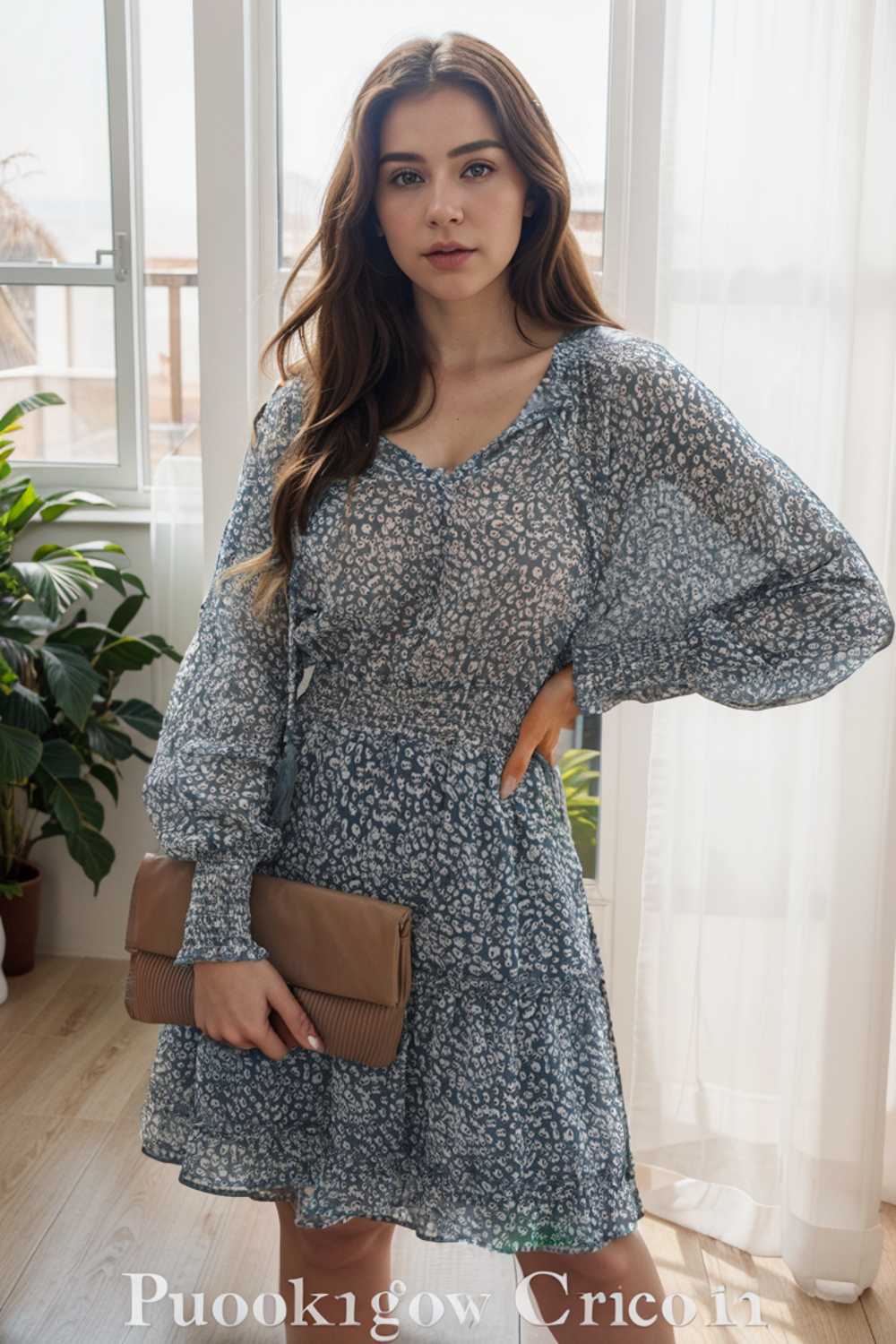 loose leopard print v neck dress drop shoulder a line closed cape paneled 136559