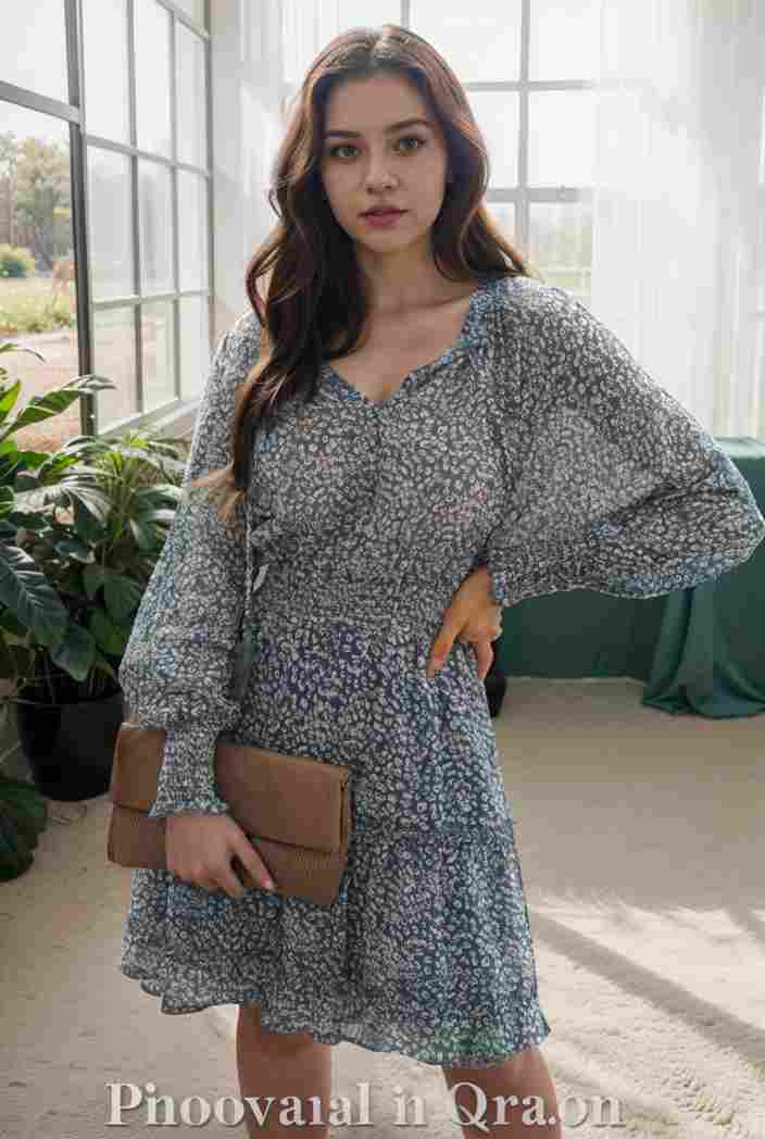 loose leopard print v neck dress drop shoulder a line closed cape paneled 131166