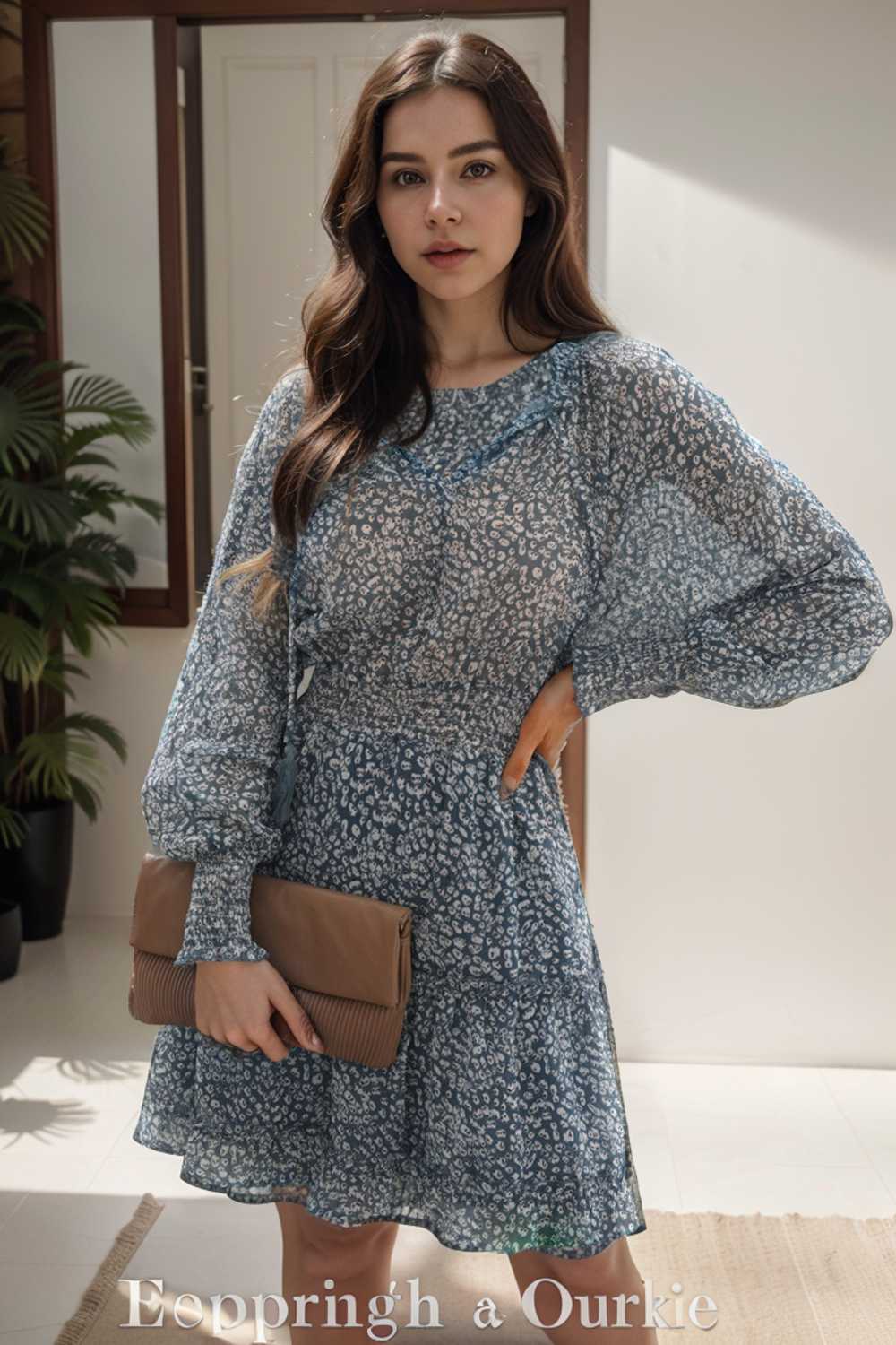loose leopard print v neck dress drop shoulder a line closed cape paneled 109848