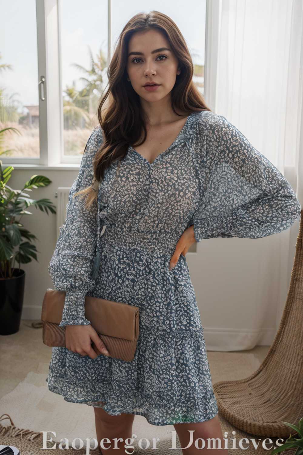 loose leopard print v neck dress drop shoulder a line closed cape paneled 109847