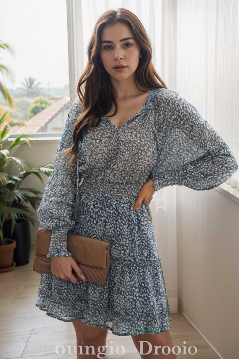 loose leopard print v neck dress drop shoulder a line closed cape paneled 109846