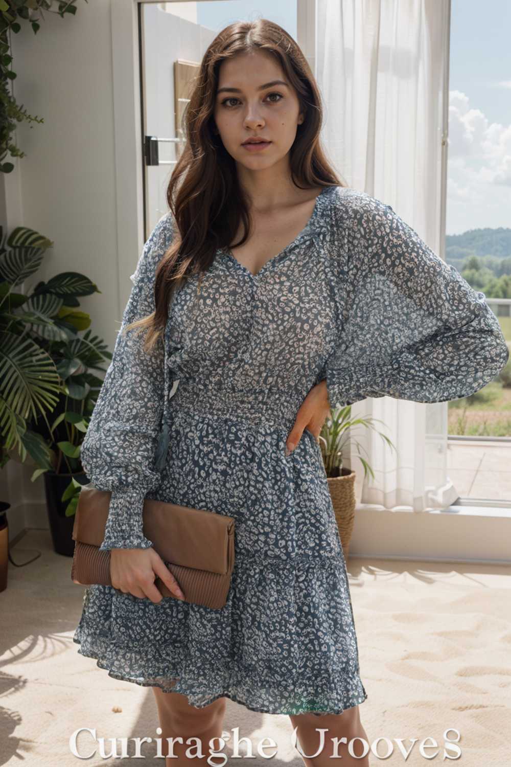 loose leopard print v neck dress drop shoulder a line closed cape paneled 111815