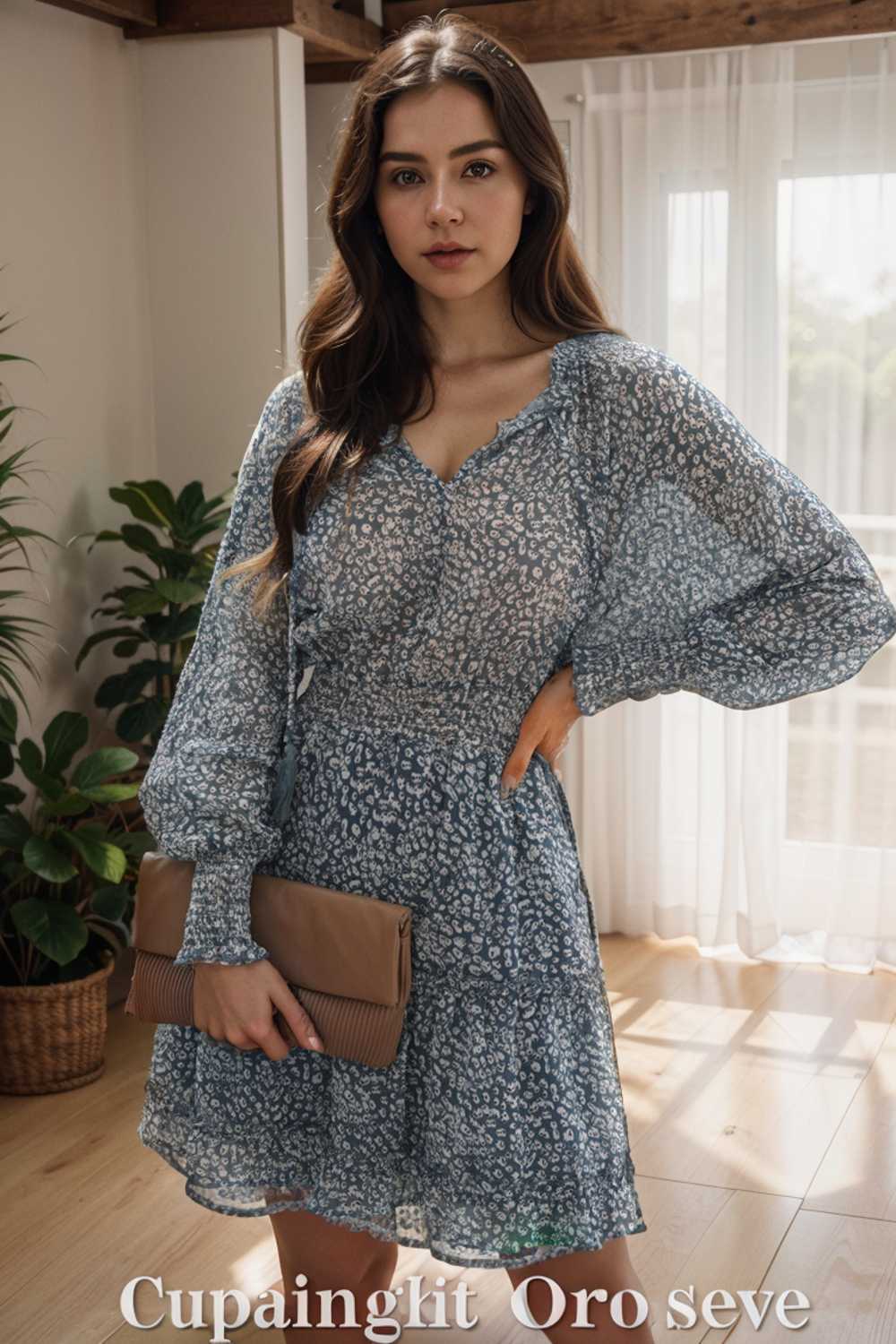 loose leopard print v neck dress drop shoulder a line closed cape paneled 109845