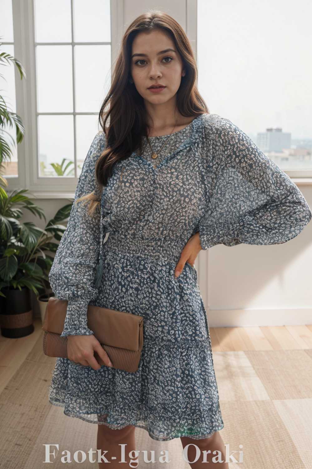 loose leopard print v neck dress drop shoulder a line closed cape paneled 115692