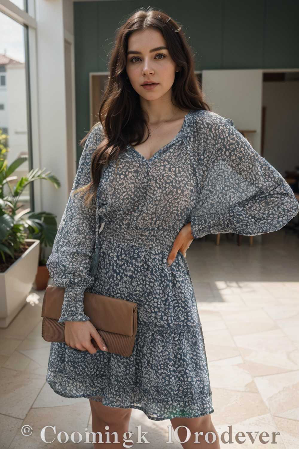 loose leopard print v neck dress drop shoulder a line closed cape paneled 109844