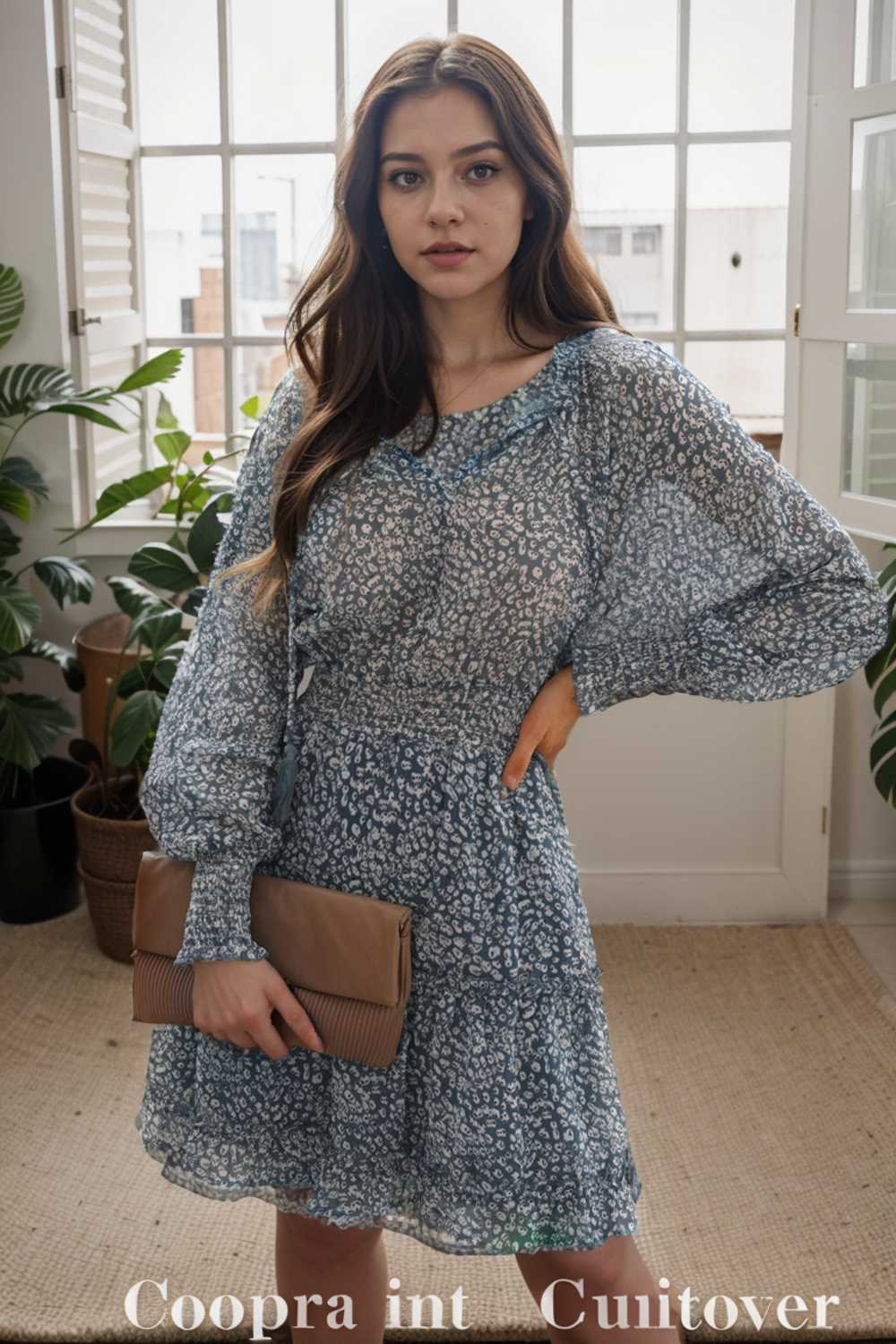 loose leopard print v neck dress drop shoulder a line closed cape paneled 115691
