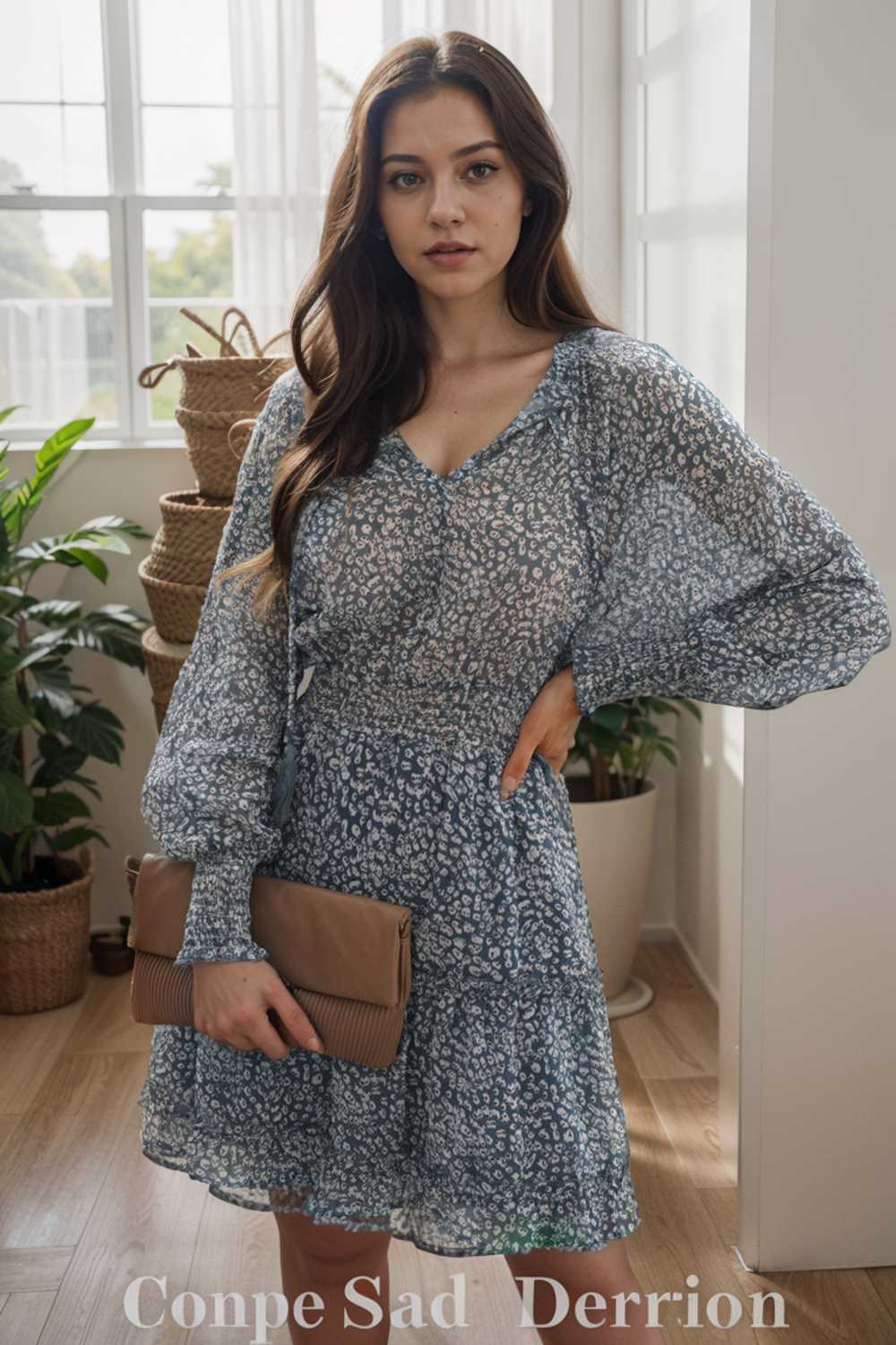 loose leopard print v neck dress drop shoulder a line closed cape paneled 115689