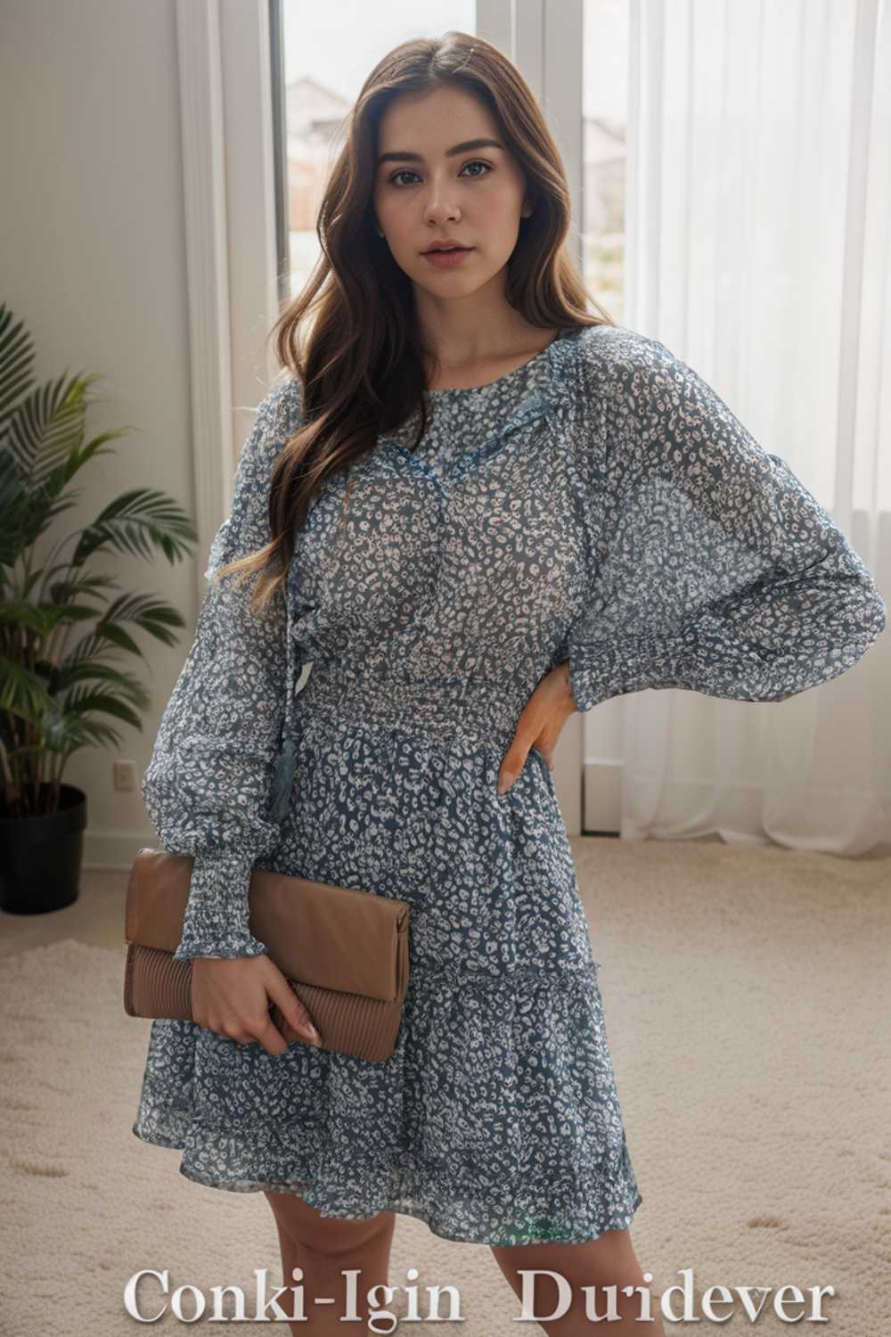 loose leopard print v neck dress drop shoulder a line closed cape paneled 109842