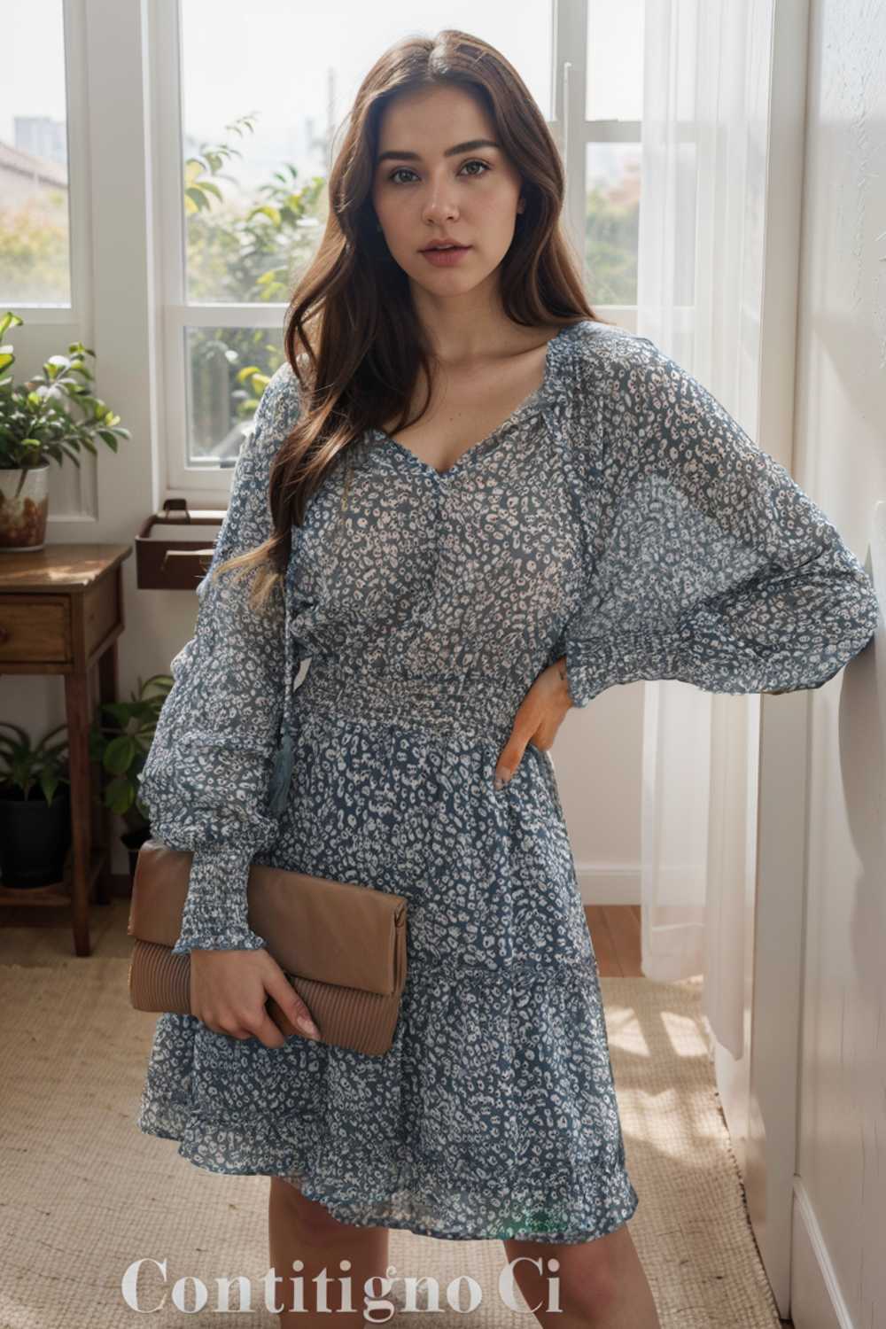 loose leopard print v neck dress drop shoulder a line closed cape paneled 138100