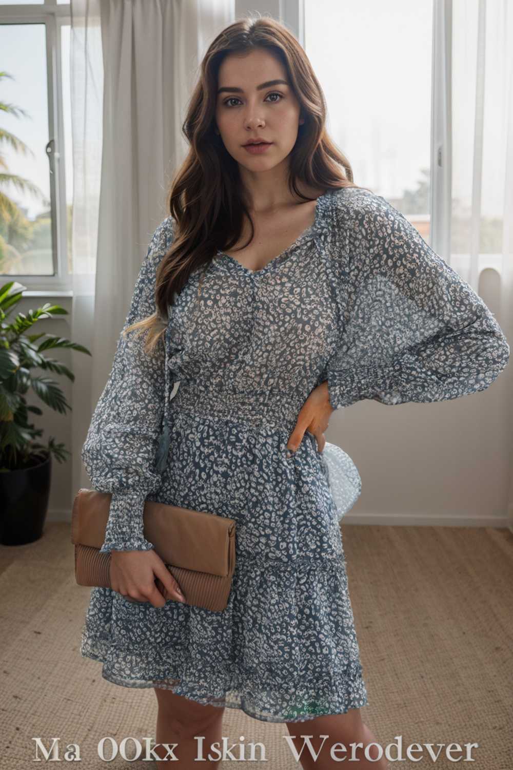 loose leopard print v neck dress drop shoulder a line closed cape paneled 109841