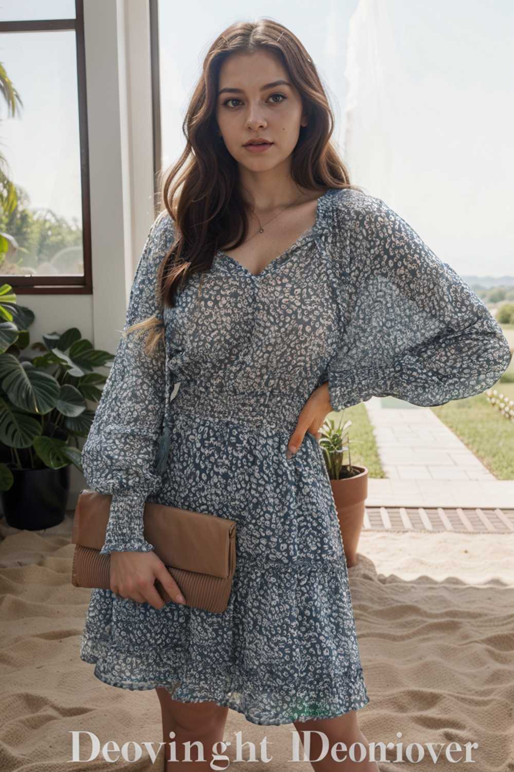 loose leopard print v neck dress drop shoulder a line closed cape paneled 130336