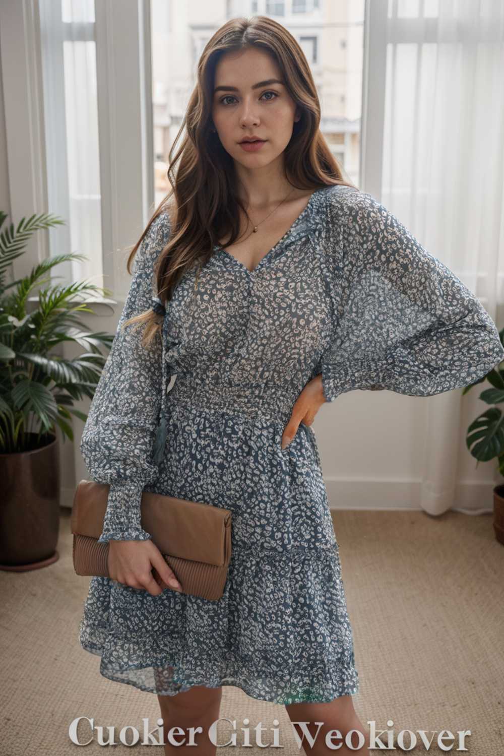 loose leopard print v neck dress drop shoulder a line closed cape paneled 109839