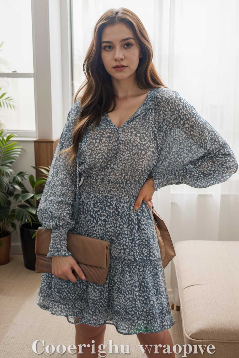 loose leopard print v neck dress drop shoulder a line closed cape paneled 115686