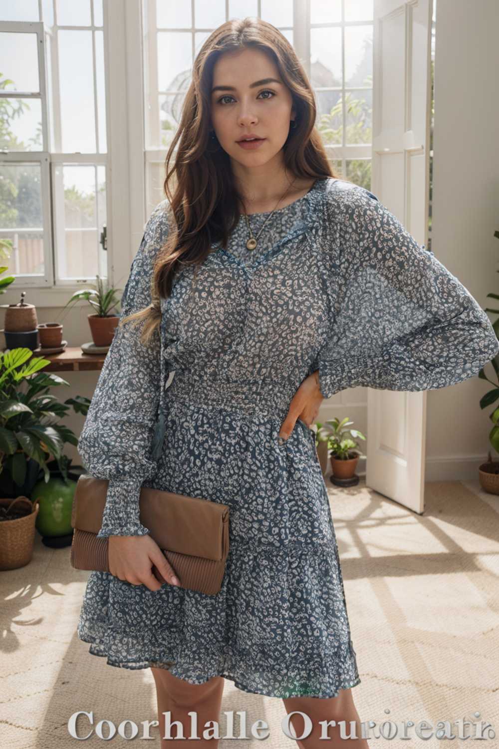 loose leopard print v neck dress drop shoulder a line closed cape paneled 109837