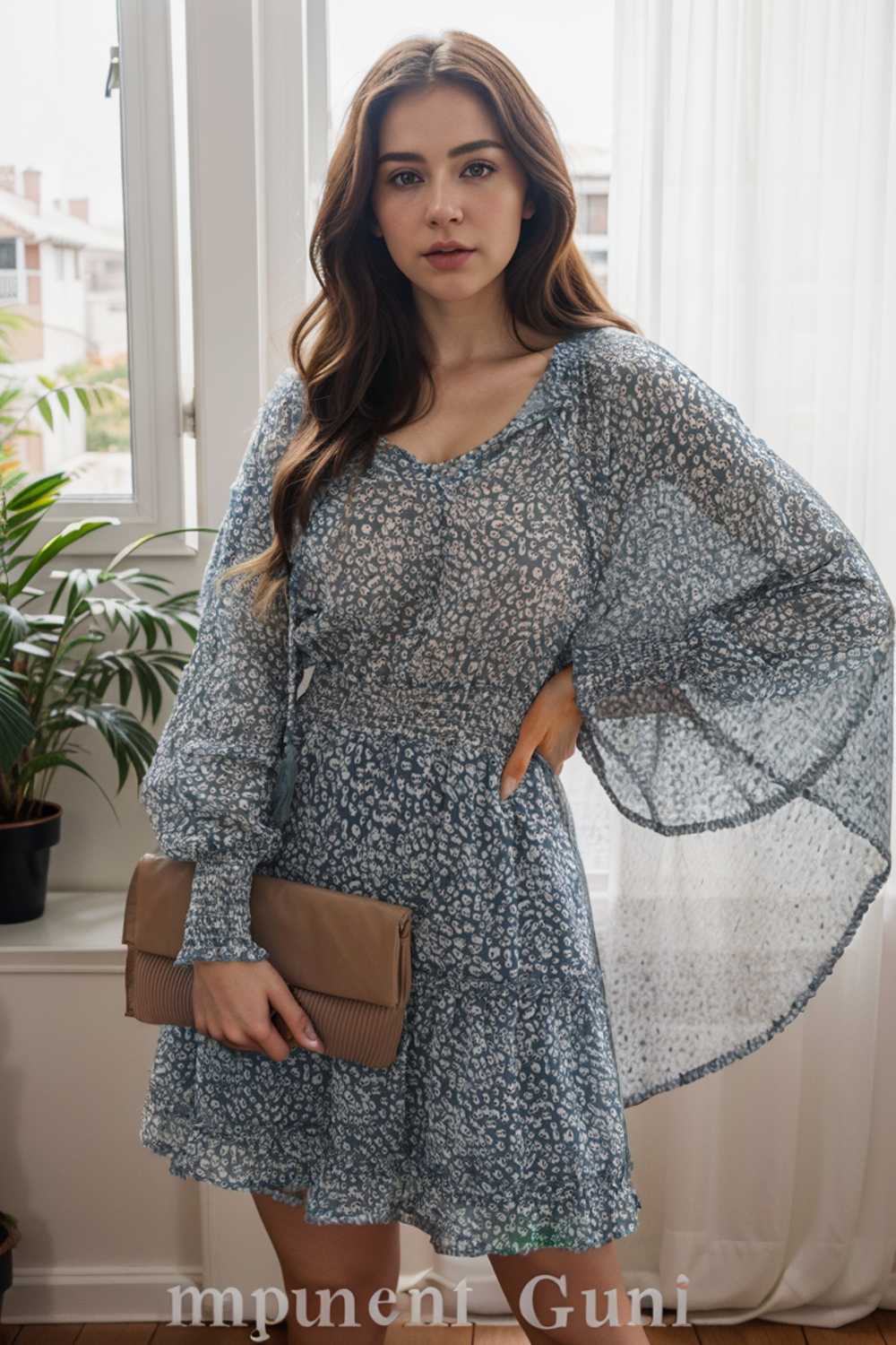 loose leopard print v neck dress drop shoulder a line closed cape paneled 109832