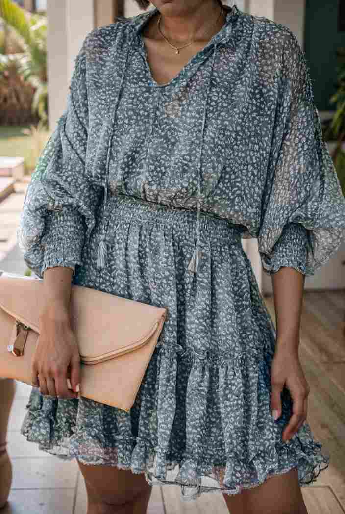 loose leopard print v neck dress drop shoulder a line closed cape paneled 131163