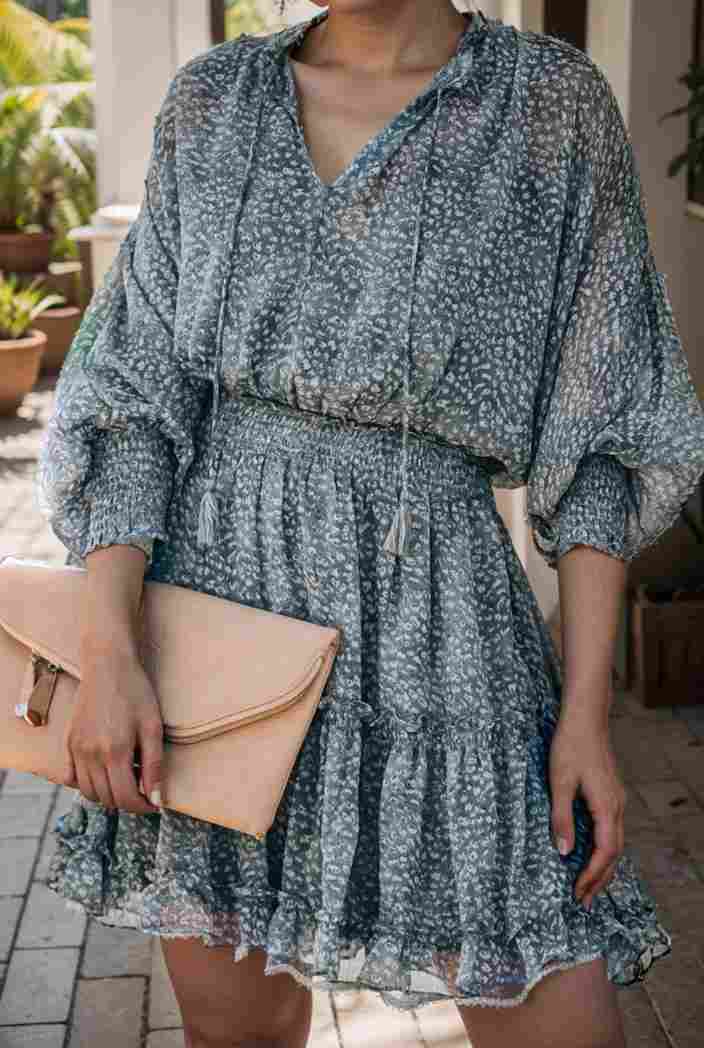 loose leopard print v neck dress drop shoulder a line closed cape paneled 118772