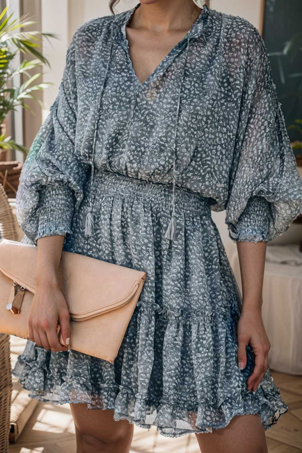 loose leopard print v neck dress drop shoulder a line closed cape paneled 130322