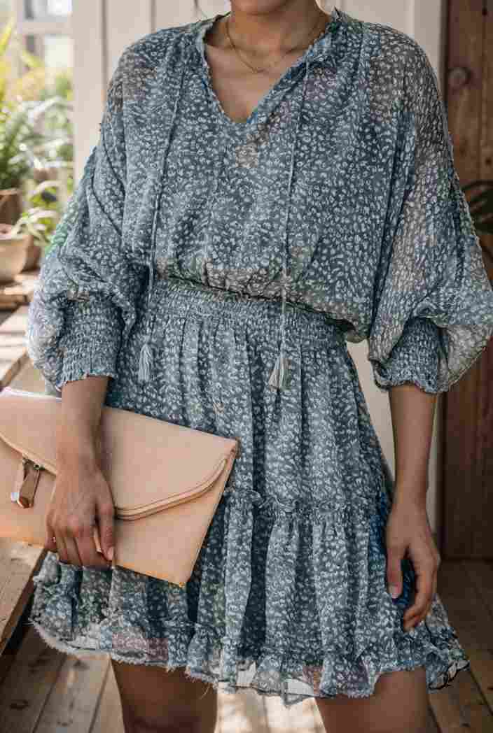 loose leopard print v neck dress drop shoulder a line closed cape paneled 118771