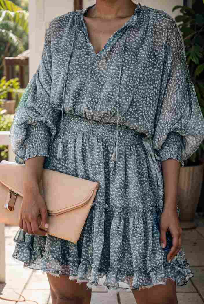 loose leopard print v neck dress drop shoulder a line closed cape paneled 118770