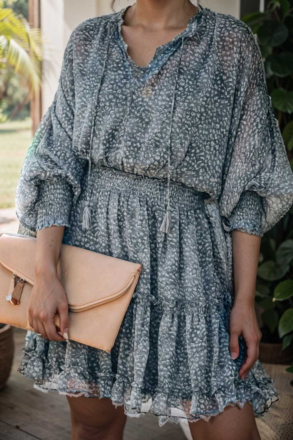 loose leopard print v neck dress drop shoulder a line closed cape paneled 109401