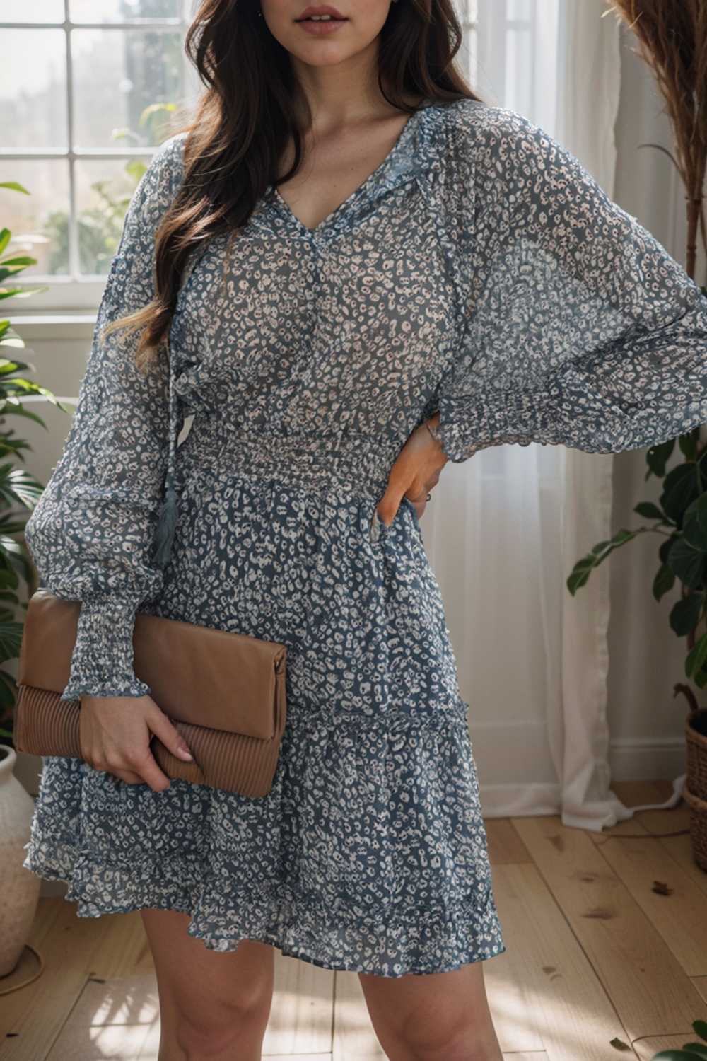 loose leopard print v neck dress drop shoulder a line closed cape paneled 136557