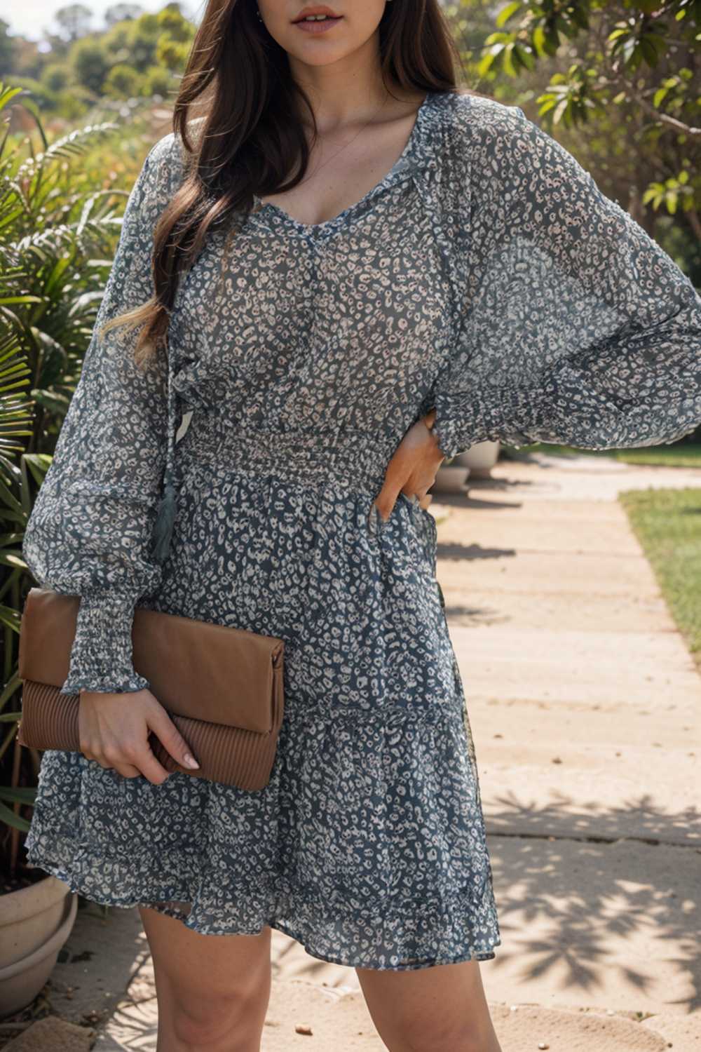 loose leopard print v neck dress drop shoulder a line closed cape paneled 138073