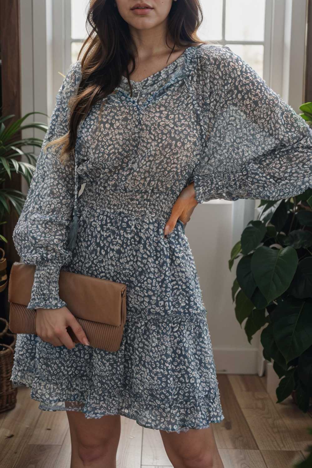 loose leopard print v neck dress drop shoulder a line closed cape paneled 109397