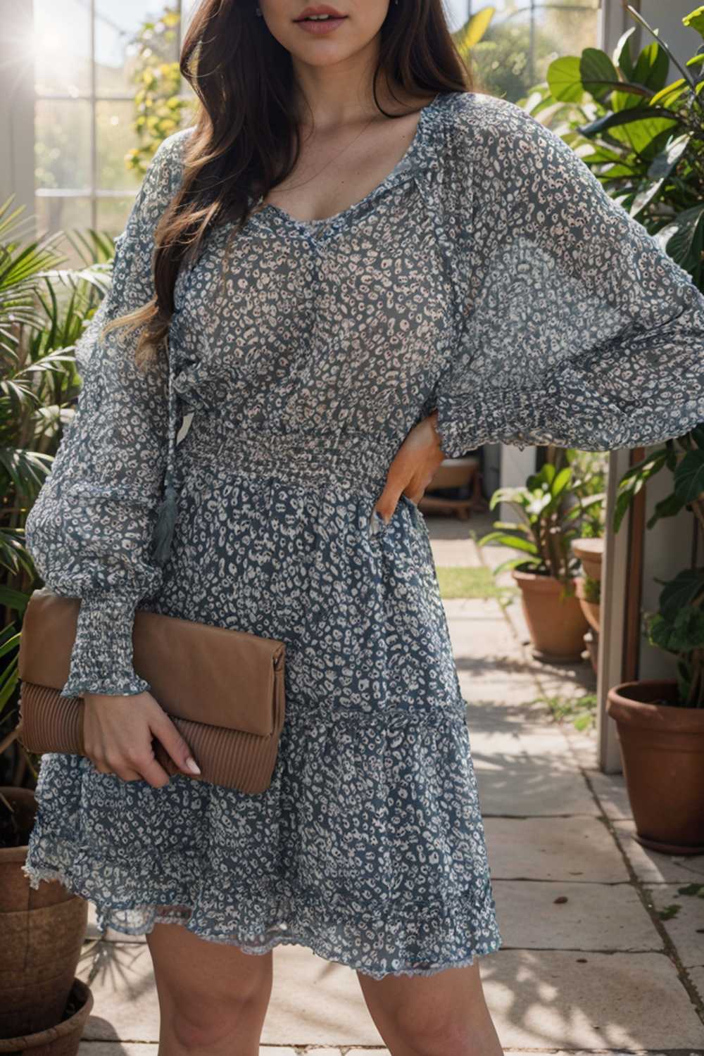loose leopard print v neck dress drop shoulder a line closed cape paneled 110850