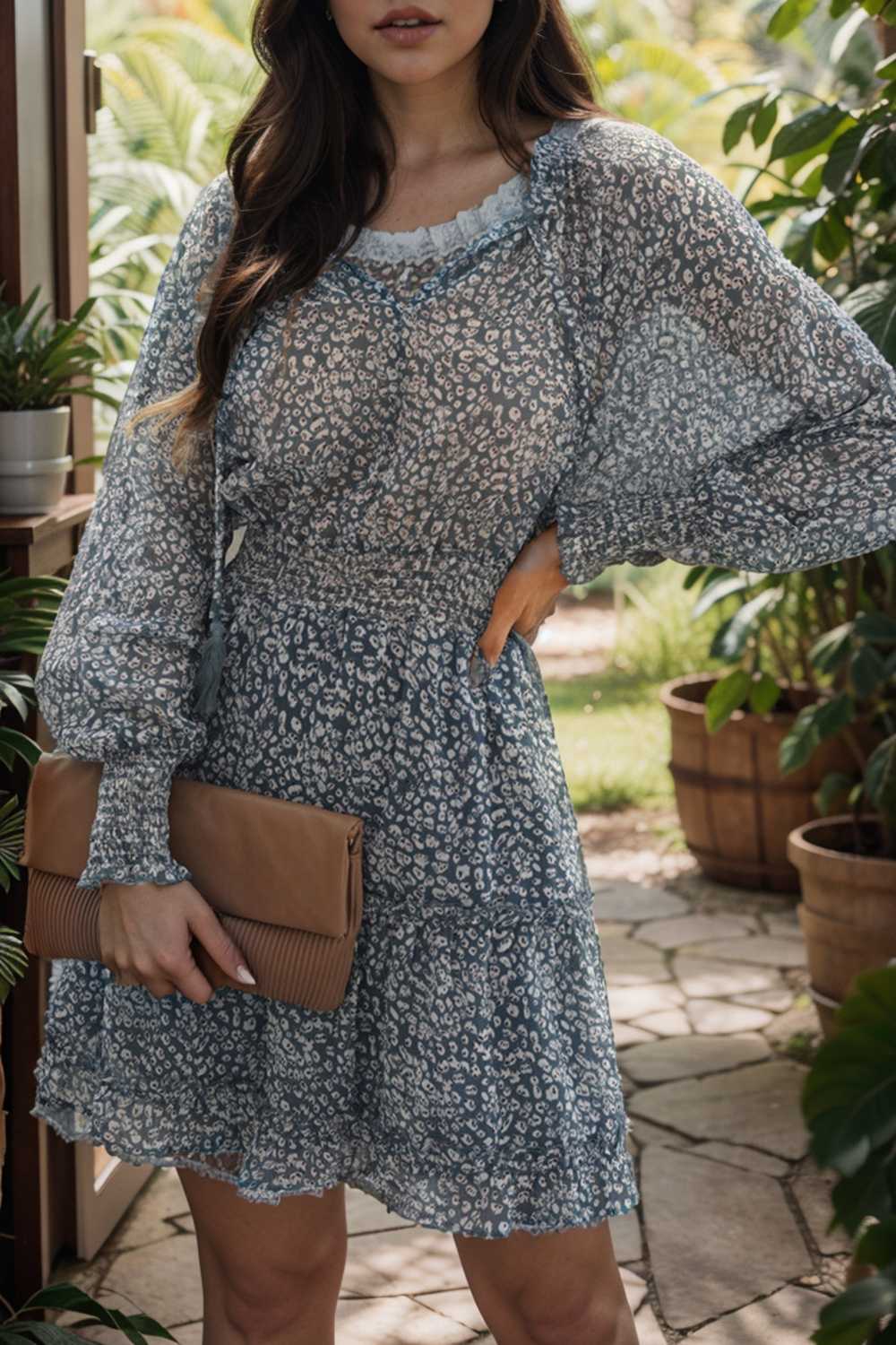 loose leopard print v neck dress drop shoulder a line closed cape paneled 109003