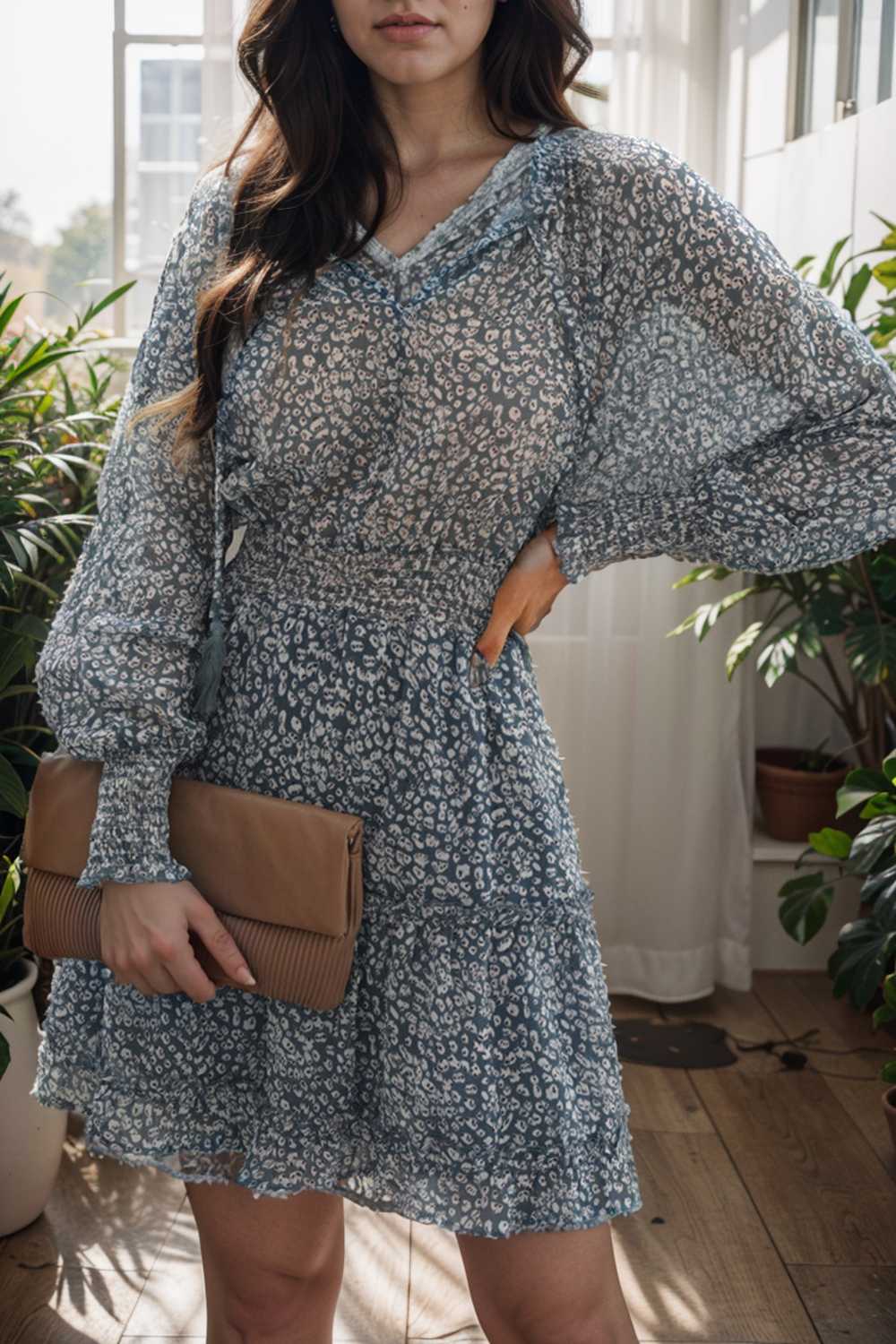 loose leopard print v neck dress drop shoulder a line closed cape paneled 116545