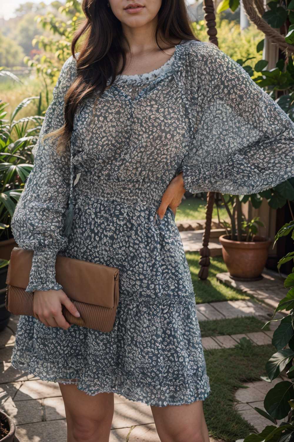loose leopard print v neck dress drop shoulder a line closed cape paneled 116544