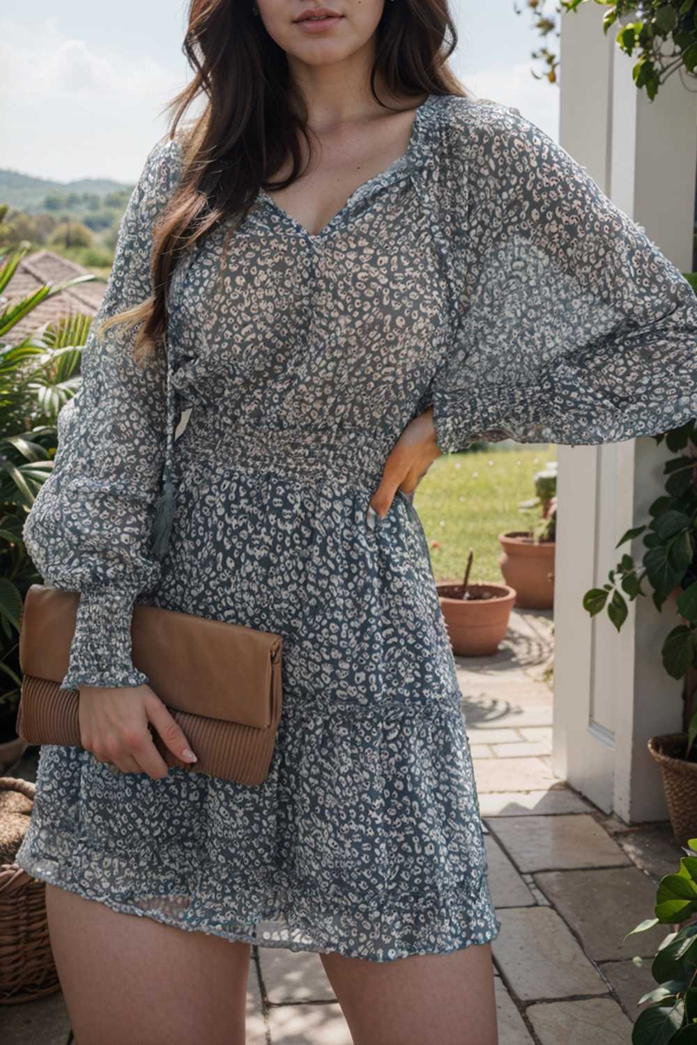 loose leopard print v neck dress drop shoulder a line closed cape paneled 109396