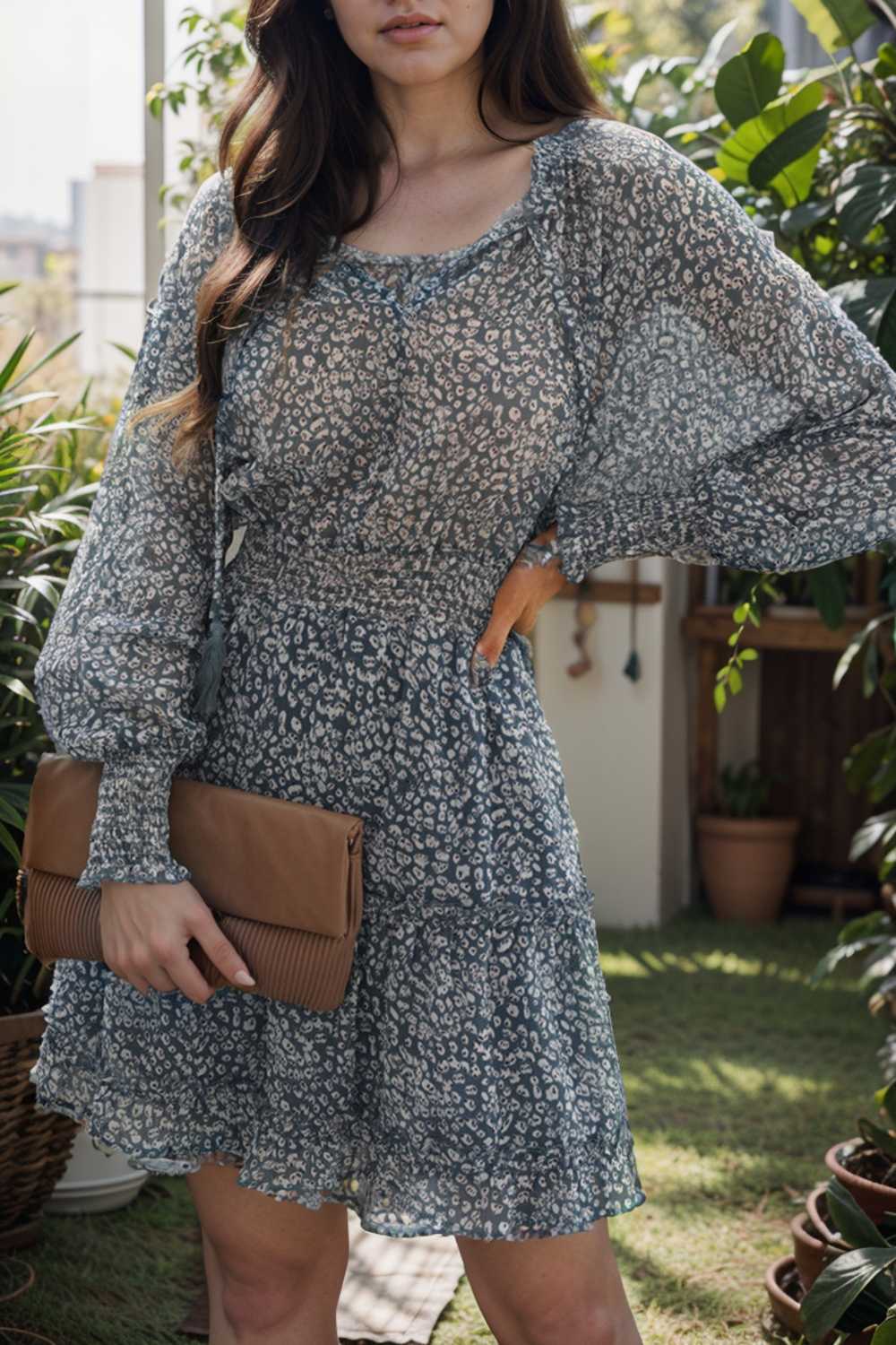 loose leopard print v neck dress drop shoulder a line closed cape paneled 116543