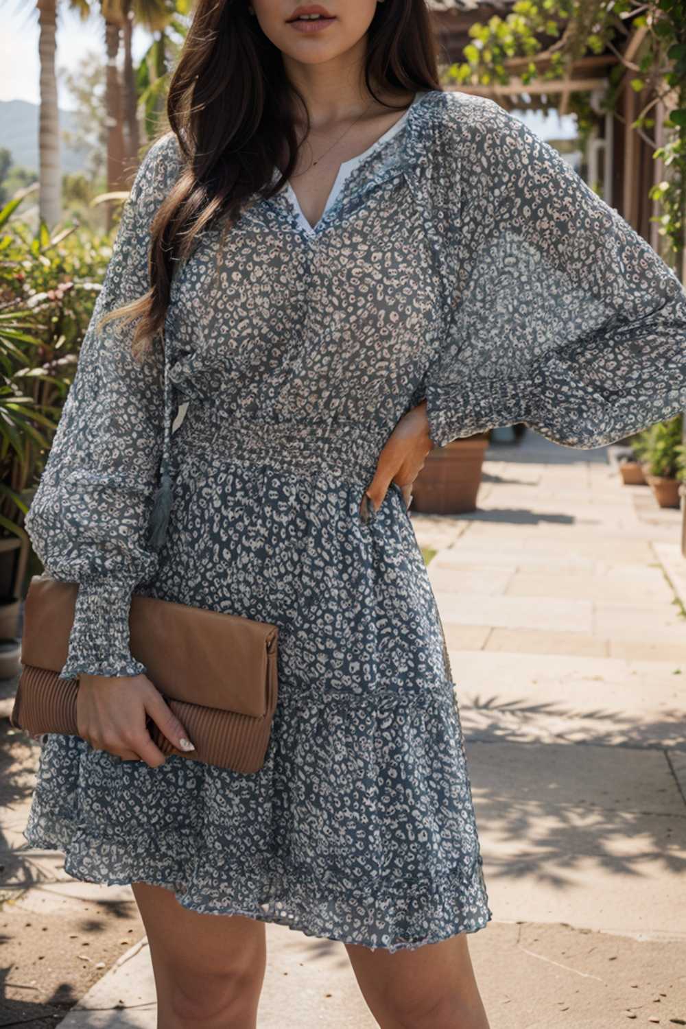 loose leopard print v neck dress drop shoulder a line closed cape paneled 138071