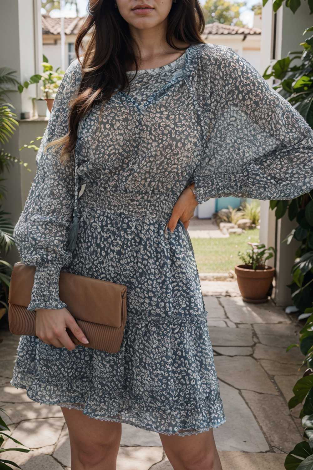 loose leopard print v neck dress drop shoulder a line closed cape paneled 109394