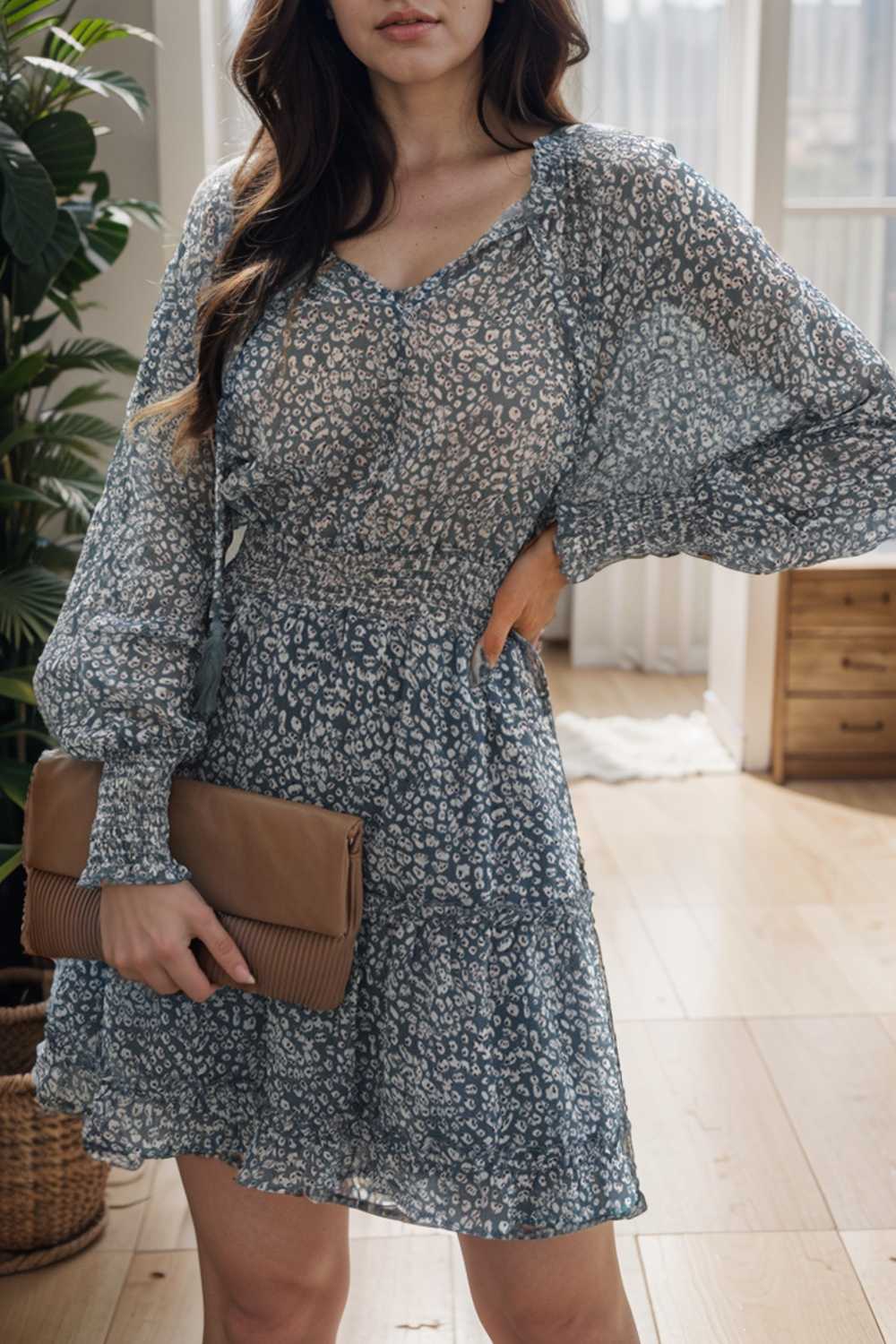 loose leopard print v neck dress drop shoulder a line closed cape paneled 116542