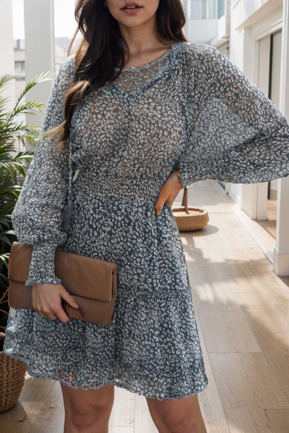 loose leopard print v neck dress drop shoulder a line closed cape paneled 138070